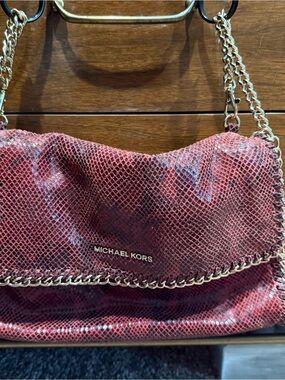 Michael Kors Red Snake-Embossed Clutch with Gold Chain Trim